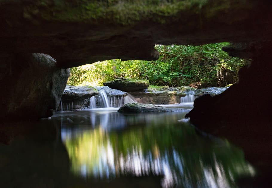 Waterfalls Near Cave, background, blur, cascade, environment HD wallpaper