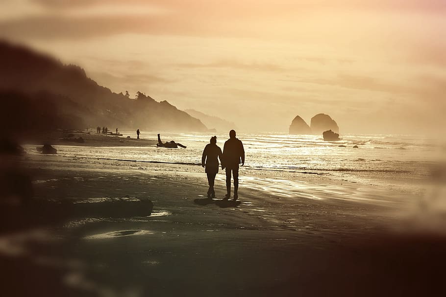 beach, shore, water, wave, flow, couple, love, partner, sea HD wallpaper