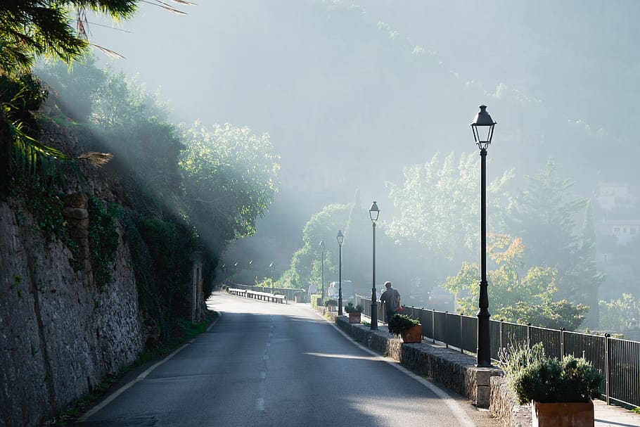 spain, deià, road, light, rays of the sun, street lamp, bright HD wallpaper