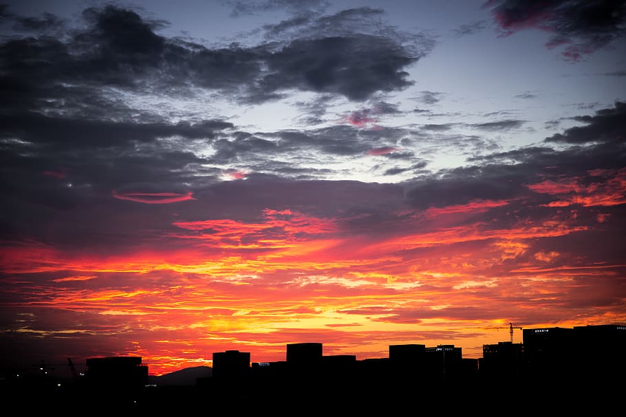 sky, sunset, yellow, red, cloud - sky, silhouette, architecture HD wallpaper