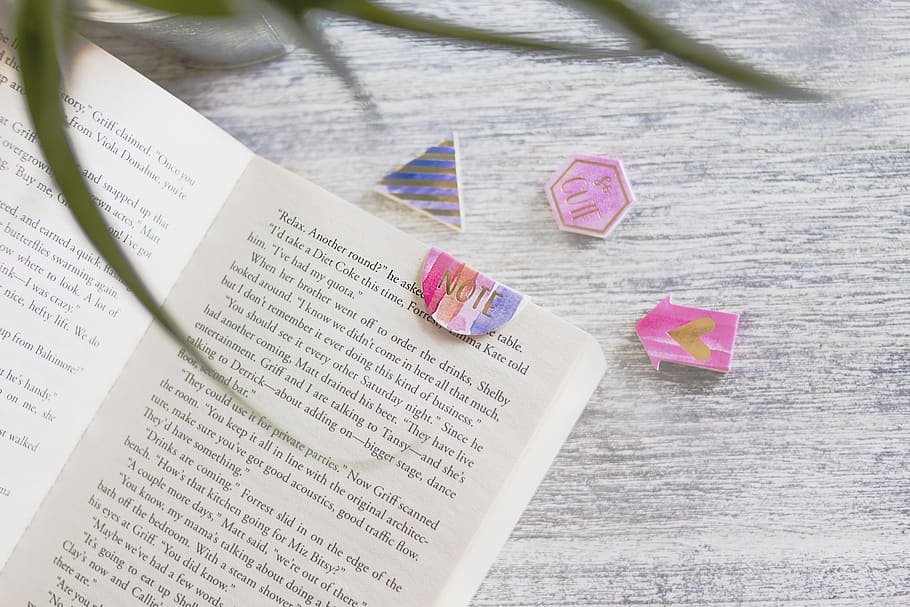 Opened Book With Pink Note Bookmark, data, document, knowledge HD wallpaper