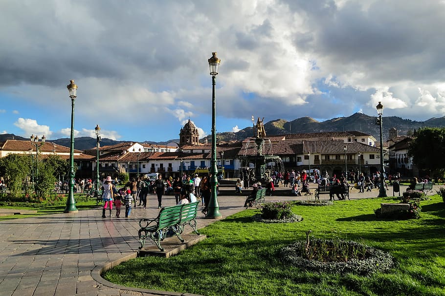 Plaza de Armes, Cusco, Peru, lamp posts, benches, grass, path HD wallpaper