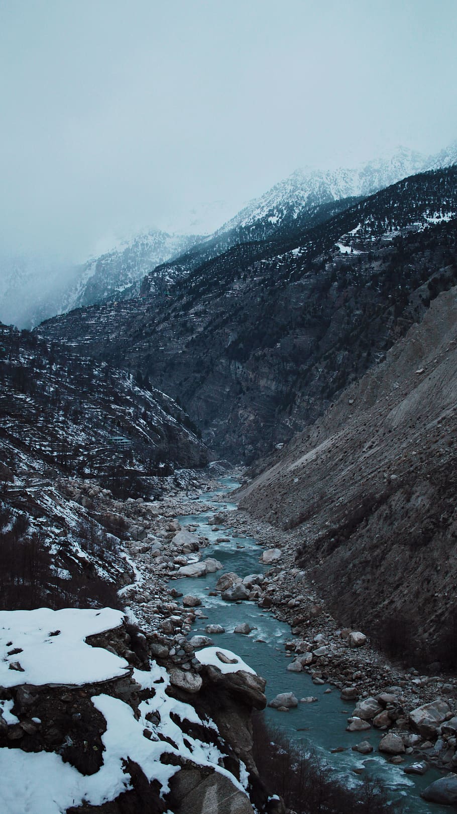 river flowing between mountains, outdoors, nature, slope, snow HD wallpaper