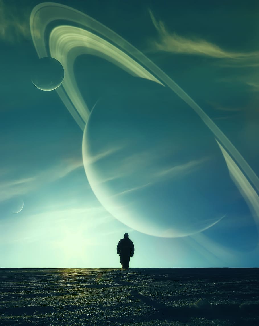 winter, field, planet, landscape, sky, photo montage, one person HD wallpaper