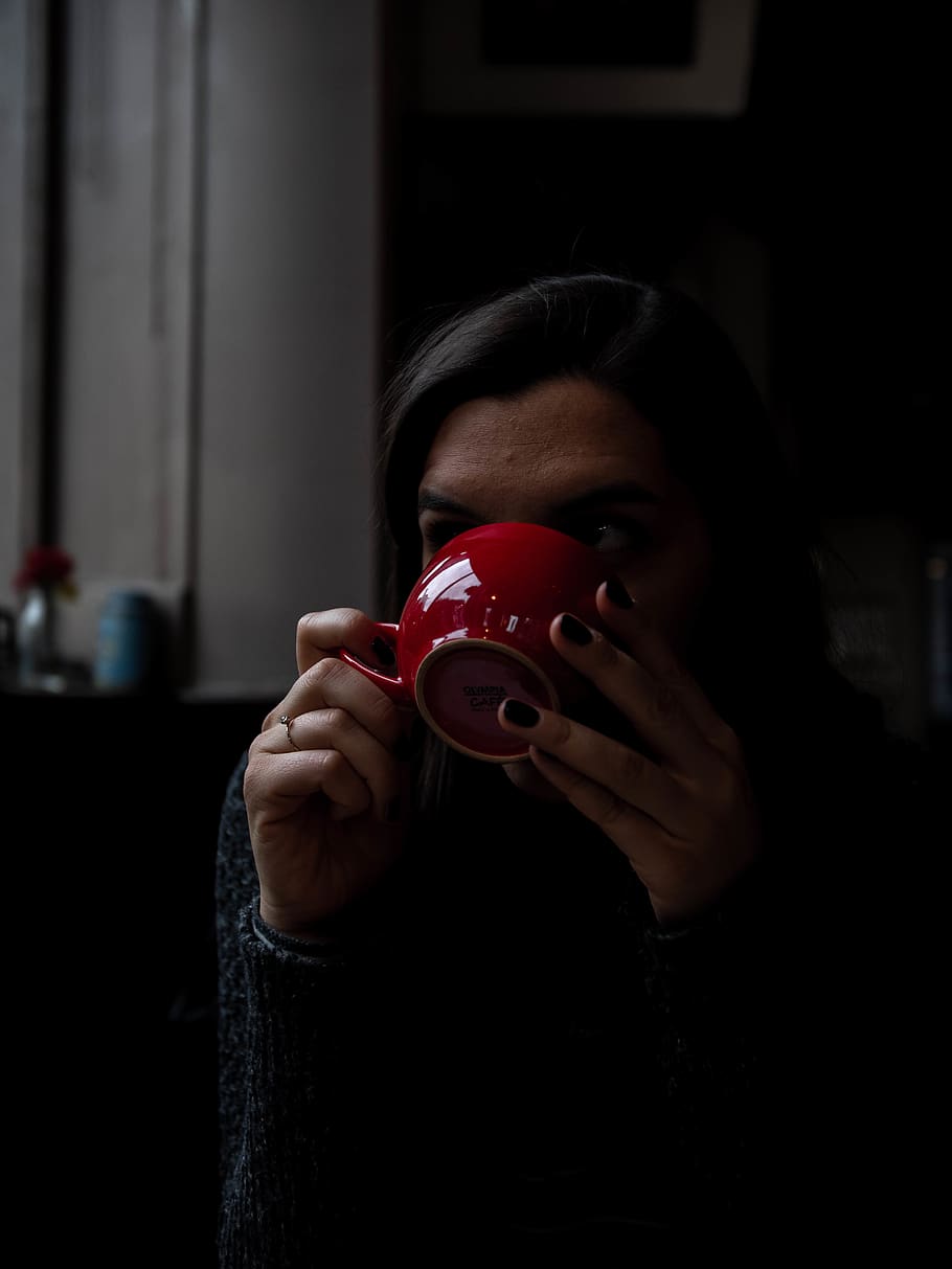 women drinking from red ceramic cup, human, person, finger, camera HD wallpaper