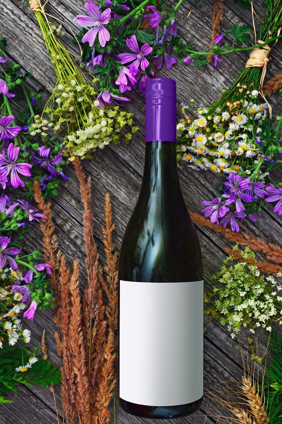 HD wallpaper: wine bottle, purple, flowers, wildflowers, glass, red