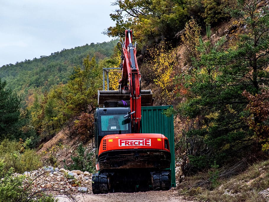 road work, construction vehicle, road construction, tree, plant HD wallpaper
