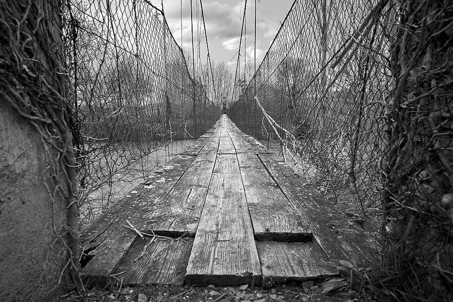 navarre, spain, bridge, infinity, cross river, landscape, black and white HD wallpaper
