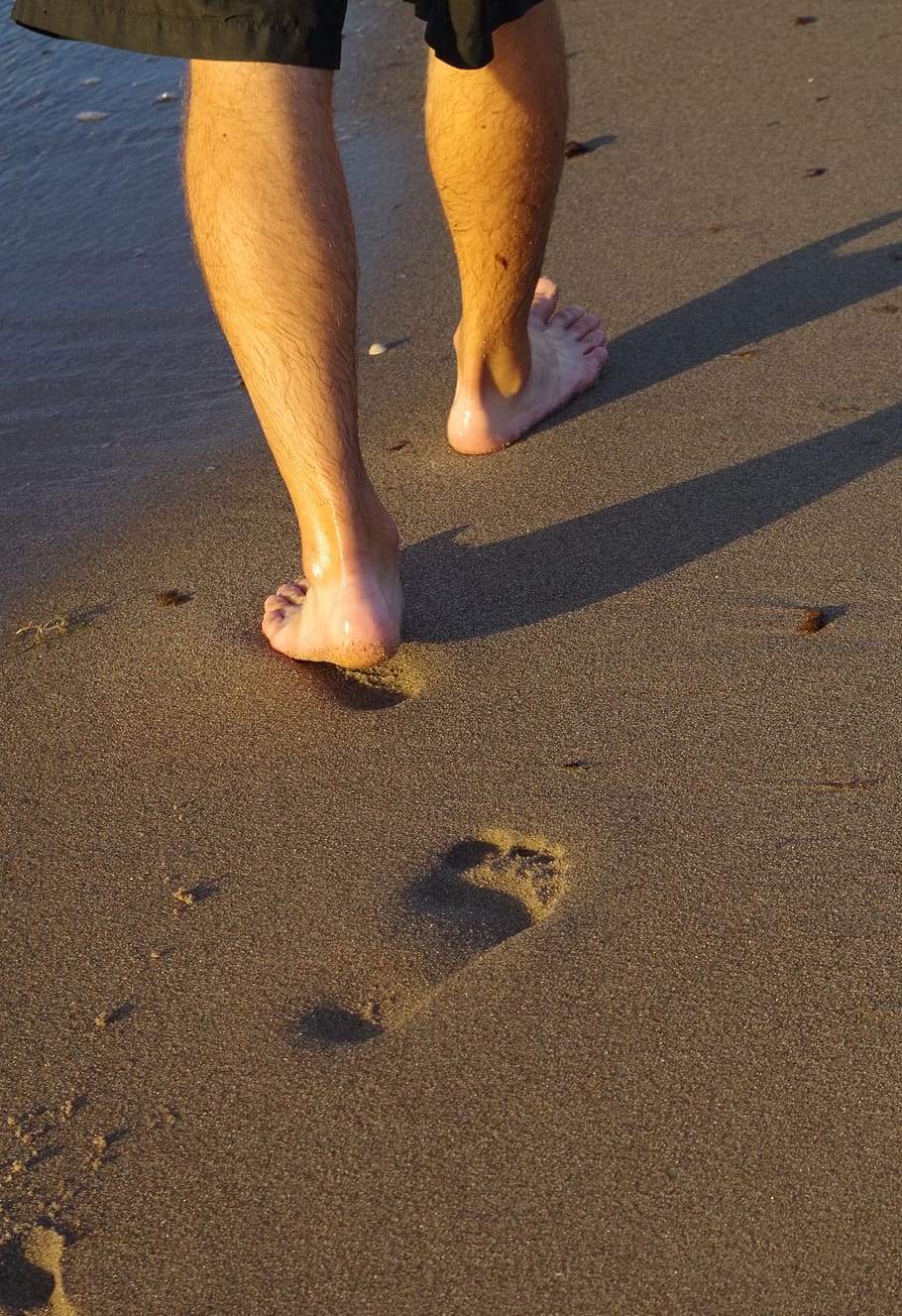 footprints, traces, beach, sand, human leg, land, body part HD wallpaper