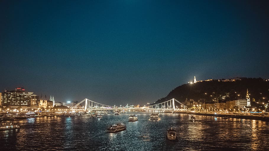 hungary, budapest, river, lights, boats, night, skyline, cityscape HD wallpaper