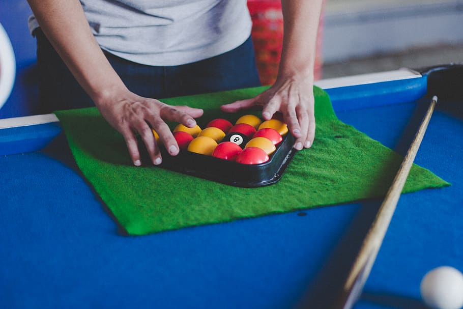 man fixing billiard balls, furniture, table, indoors, room, human HD wallpaper