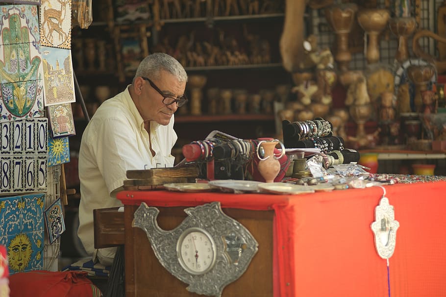 tunisia, market, man, jewelry, craftsman, handicraft, seller, HD wallpaper