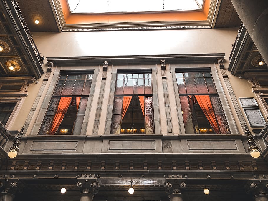 gray concrete buildings, window, architecture, skylight, handrail HD wallpaper