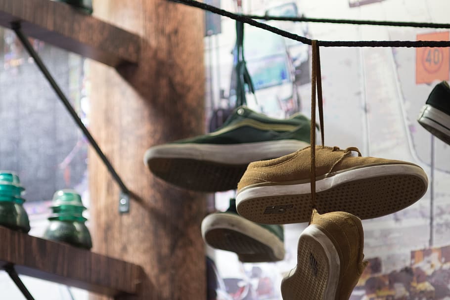 hanging, focus on foreground, day, shoe, metal, no people, rack HD wallpaper