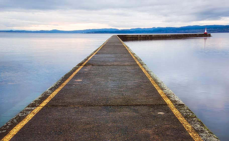 Dock Surrounded by Water, blue, breakwater, calm, clouds, coast HD wallpaper