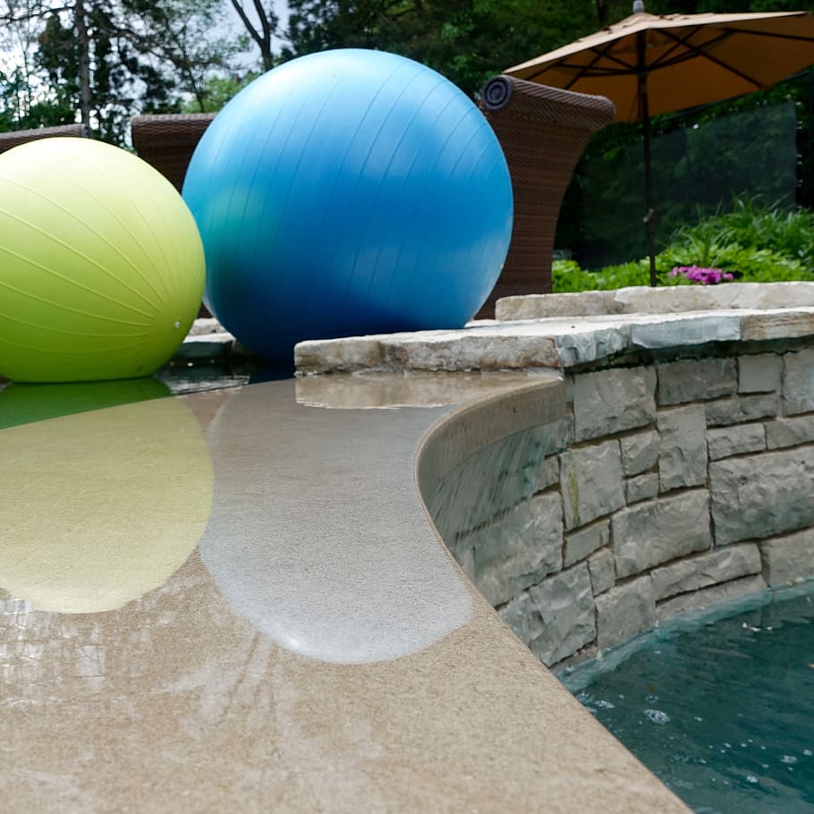 reflection, water, pool, waterfall, balls, floating, day, nature HD wallpaper
