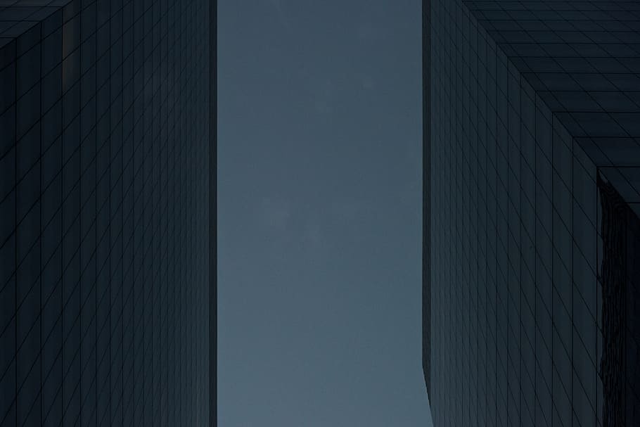 worm's eye view of city buildings, skyscraper, tower, dark, looking up HD wallpaper