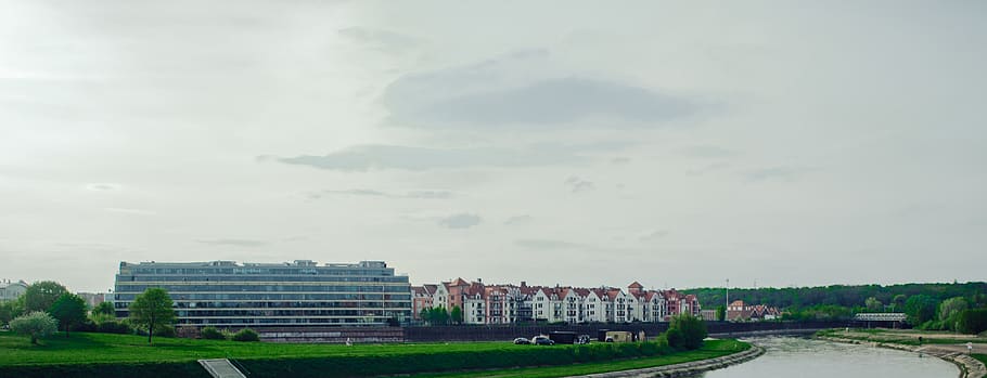 poznan, poland, building, houses, river, bridge, trees, park