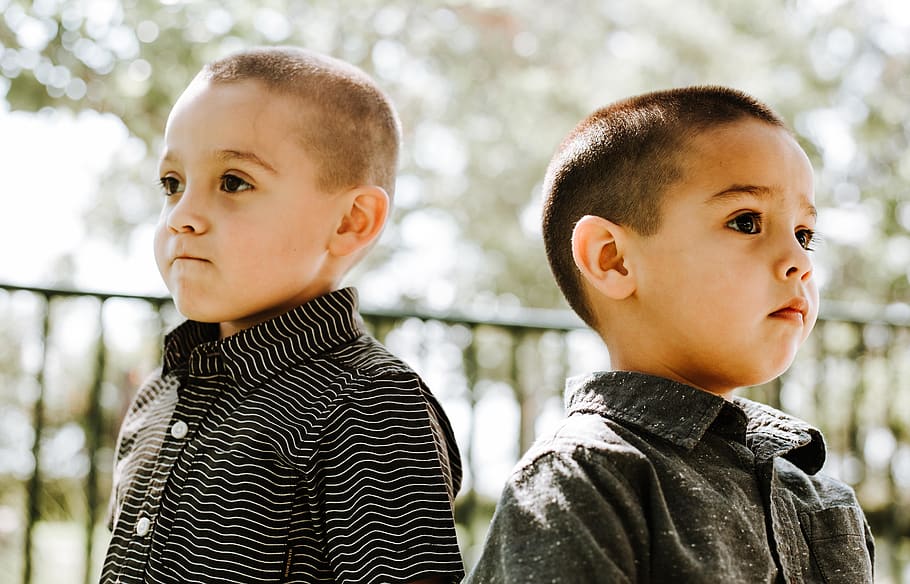 two boys standing, child, childhood, men, males, portrait, offspring HD wallpaper