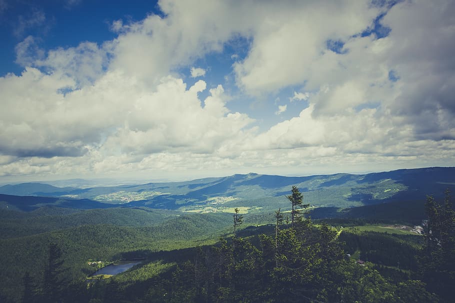Green Mountain Under Cloudy Sky during Daytime, biotope, clouds HD wallpaper
