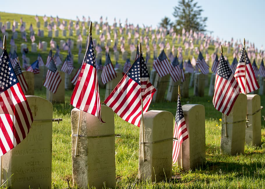 USA flags on tombstones, american flag, united states, lynn, pine grove cemetery, HD wallpaper