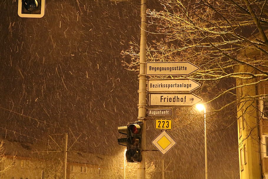 snow, snowfall, germany, essen, signboard, signal, roadcrossing HD wallpaper