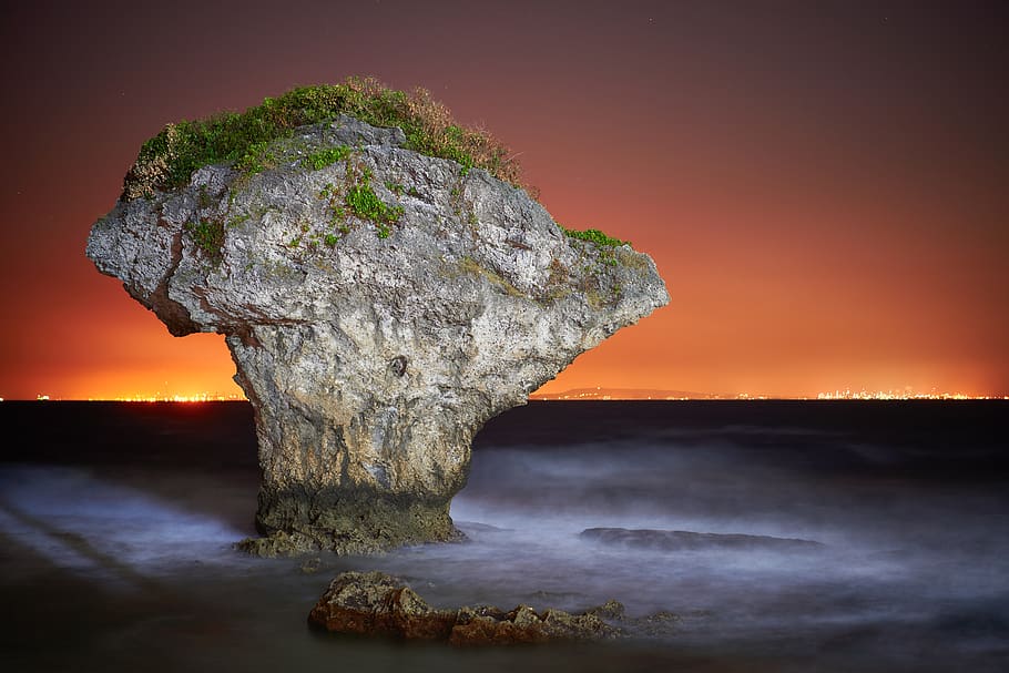 Rock Formation Surrounded By Body Of Water, beach, dawn, nature