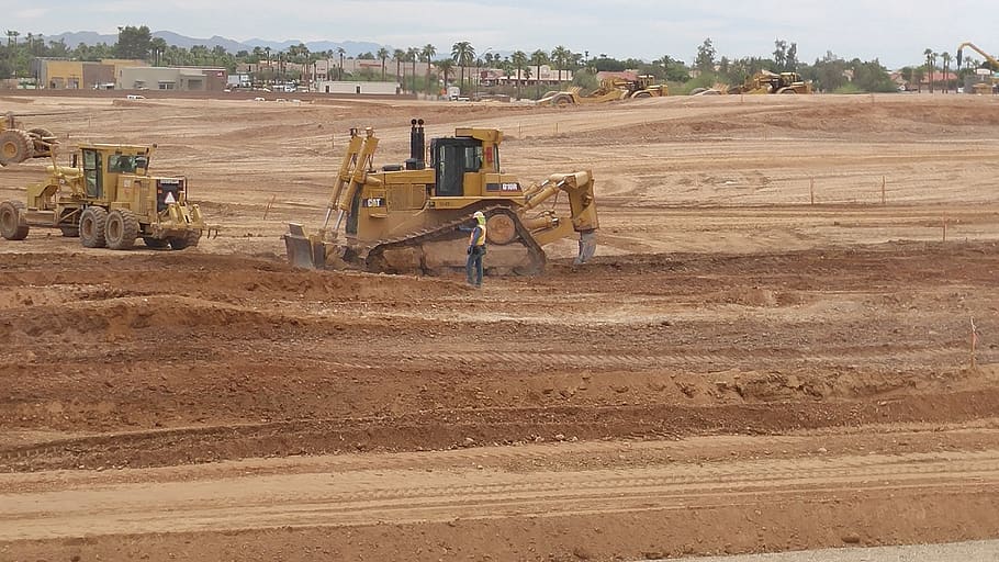 construction, heavy equipment, earth mover, bulldozer, field, HD wallpaper