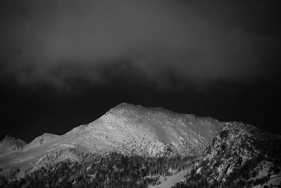 clouds above snow covered mountain and trees, nature, outdoors HD wallpaper