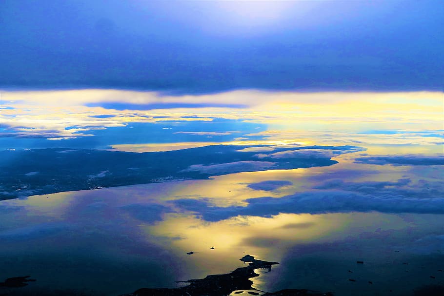 sky, cloud, marine, city, air, clouds, nature, sunset, solar HD wallpaper