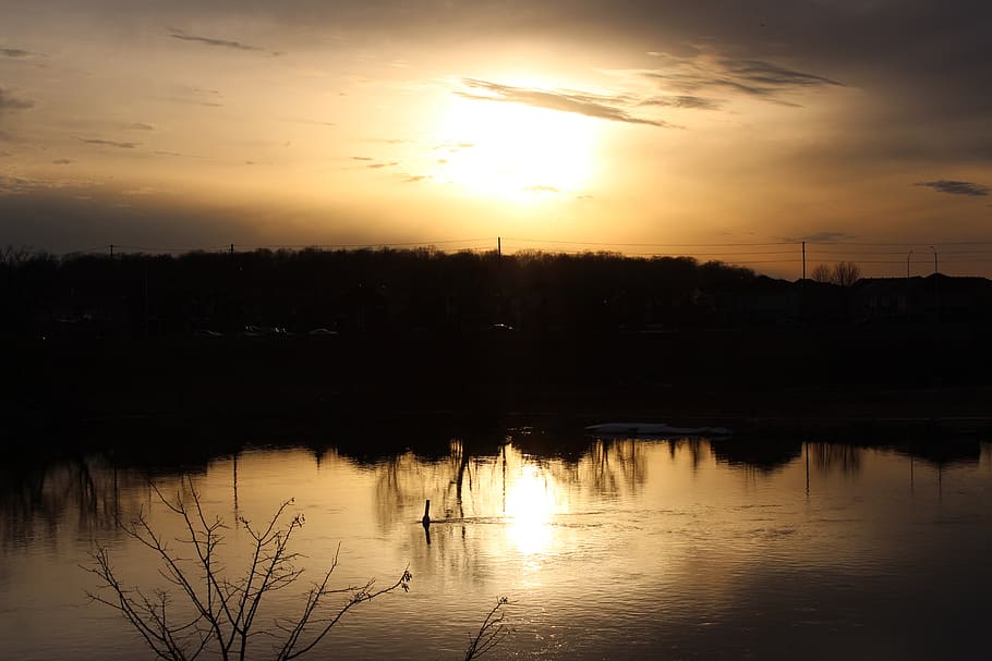sunset, river, reflection, landscape, sky, mood, nature, dusk HD wallpaper