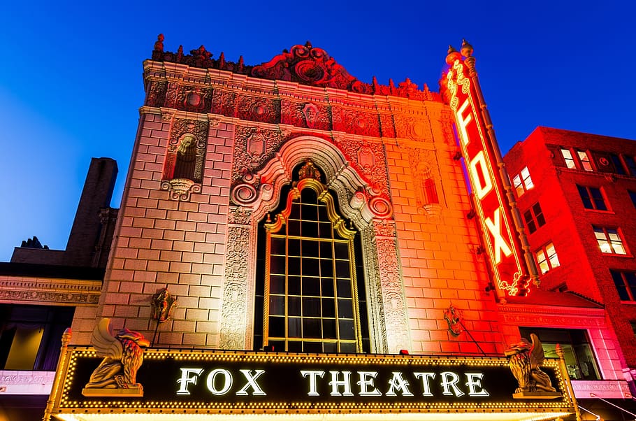 theater, fox, construction, architecture, urban, text, built structure HD wallpaper