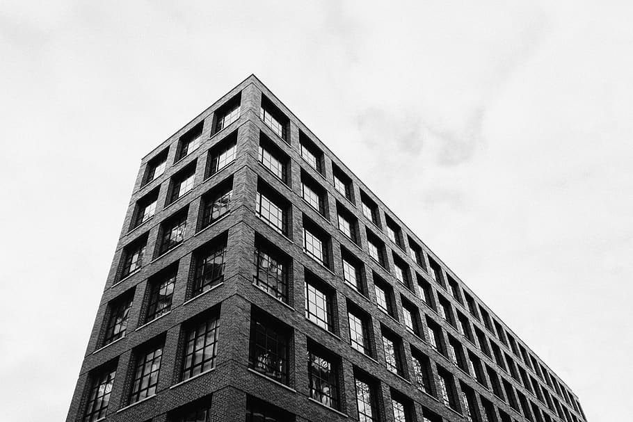 gray concrete building under white sky, building exterior, low angle view HD wallpaper