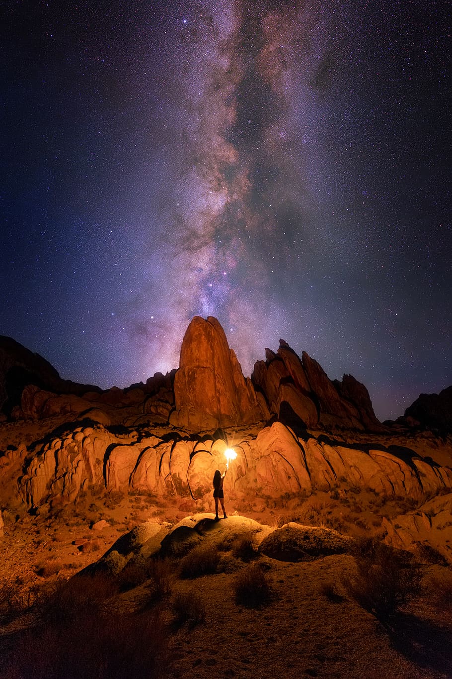 silhouette of person standing on rock formation under starry night, HD wallpaper