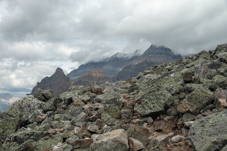 canada, mount schaffer, mountain, trail, clouds, rock fall HD wallpaper