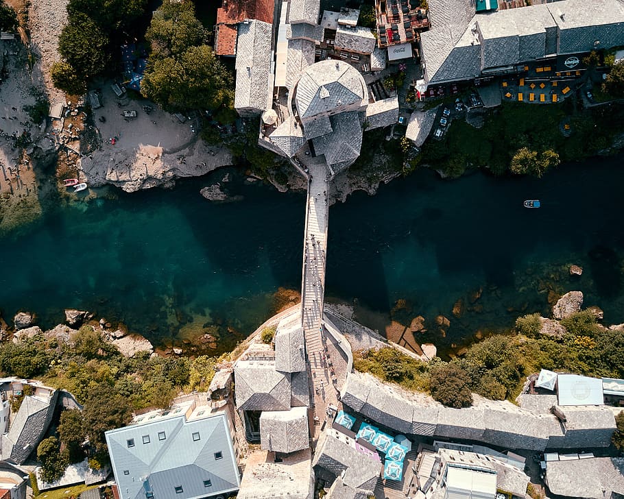 top view photo of concrete bridge connecting two village at daytime, HD wallpaper