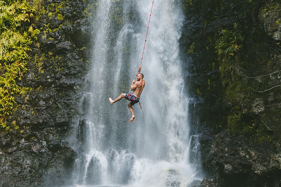 people, man, falls, nature, water, river, mountain, rope, jump HD wallpaper