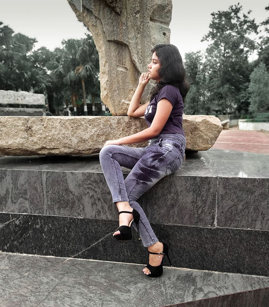 Woman Sitting on Rock, casual, colors, daytime, denim, denim jeans, HD wallpaper