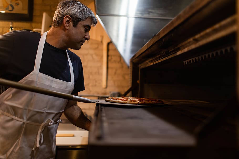 man baking pizza, occupation, one person, standing, preparation HD wallpaper