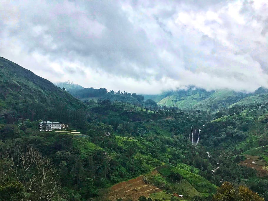sri lanka, waterfall, hill, cloud - sky, mountain, landscape HD wallpaper