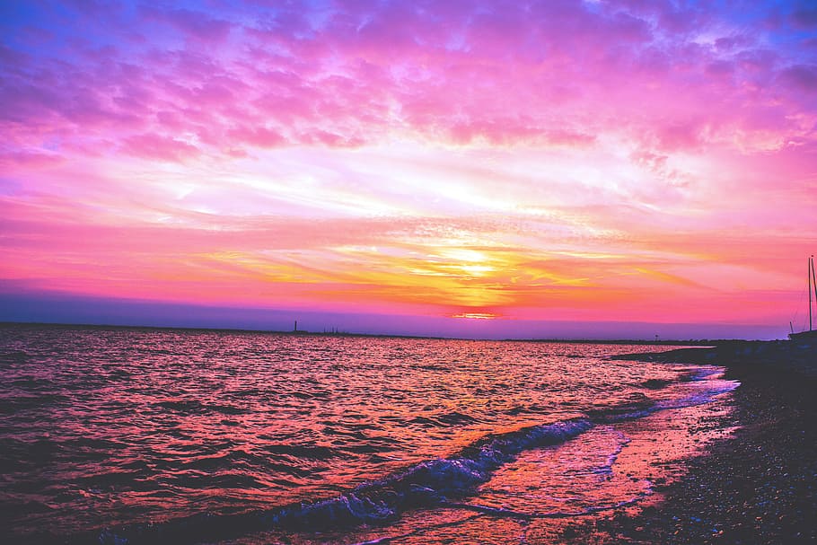 Body of Water Under Cloudy Sky At Golden Hour, beach, clouds, HD wallpaper