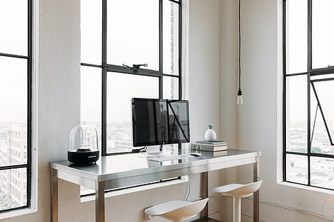 computer, office, desk, modern, mac, minimal, business, window HD wallpaper