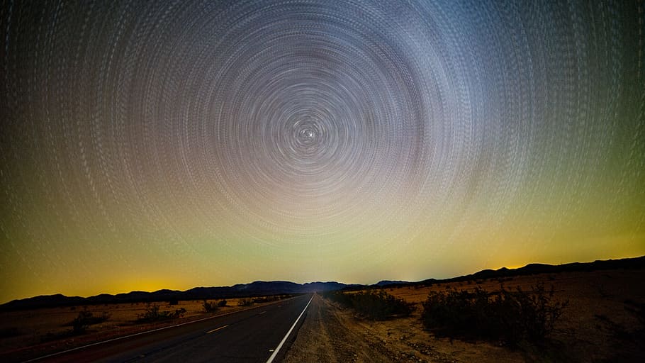 edited photo of empty road way, night, star, desert, yellow, green HD wallpaper