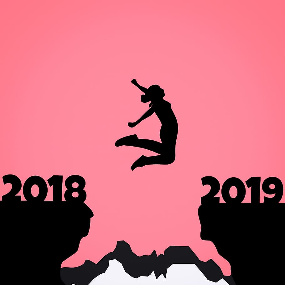 Silhouette jumping from 2018 to 2019., new year's eve, new year's day, HD wallpaper