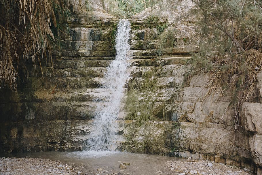 Waterfall, ancient, daylight, en gedi, environment, green, Israel HD wallpaper