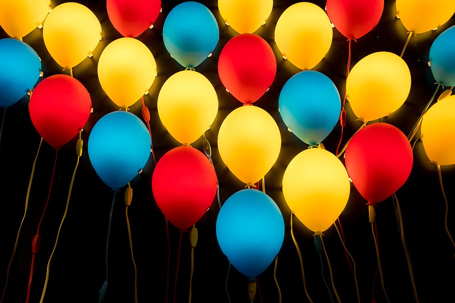 assorted-color LED balloons, light, neon, decor, yellow, blue, HD wallpaper