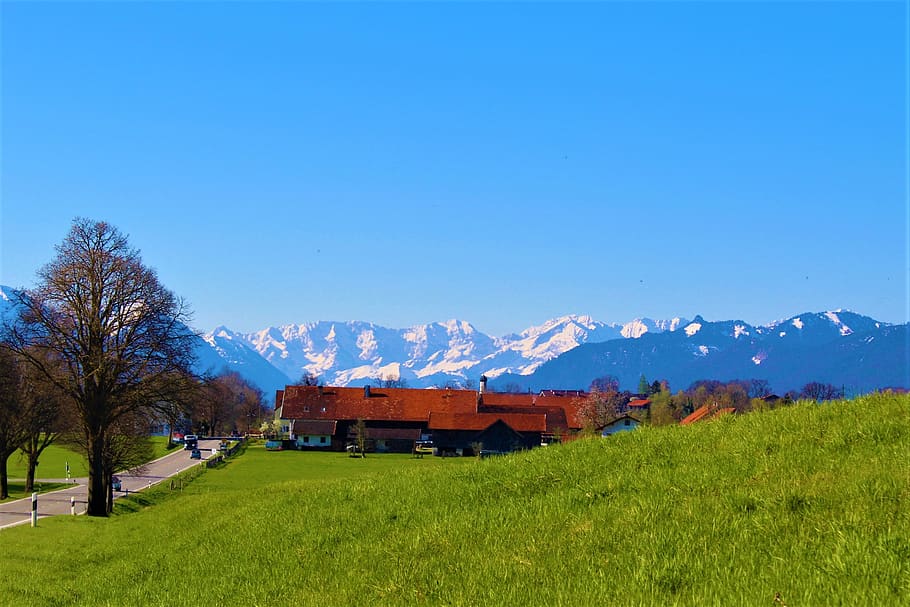 alpine, landscape, farm, mountains, nature, panorama, sky, summit HD wallpaper