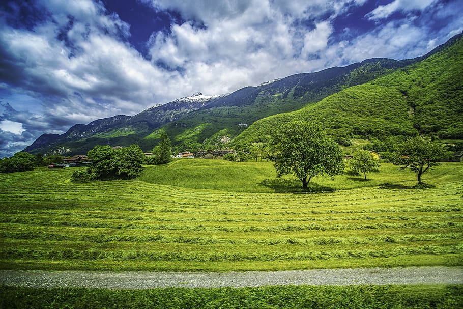 landscape, green, valley, trees, hills, blue, sky, clouds, switzerland HD wallpaper