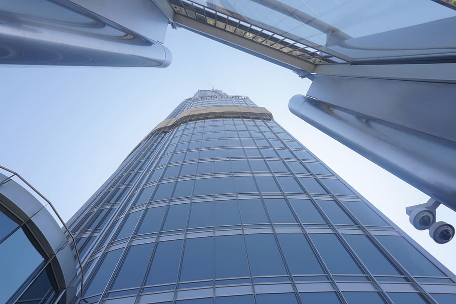worm's eye view of high-rise building, city, skyscraper, dubai, HD wallpaper
