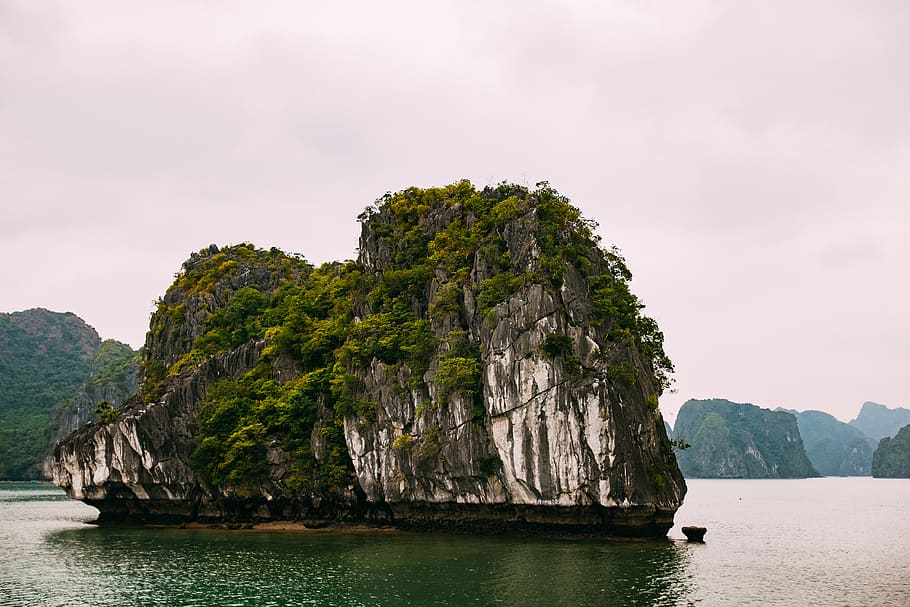white rock formation between island, nature, outdoors, ocean, HD wallpaper